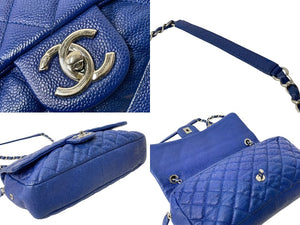 極美品 CHANEL シャネル マトラッセ チェーンショルダーバッグ キャビアスキン 18番台 シングルフラップ ブルー 中古 54875