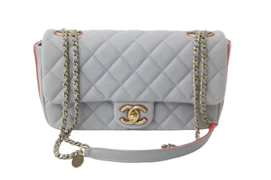 極美品 CHANEL シャネル ショルダーバッグ シングルフラップ マトラッセ Wチェーン グレー レッド ウール ゴールド金具 中古 54886