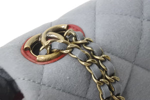 極美品 CHANEL シャネル ショルダーバッグ シングルフラップ マトラッセ Wチェーン グレー レッド ウール ゴールド金具 中古 54886