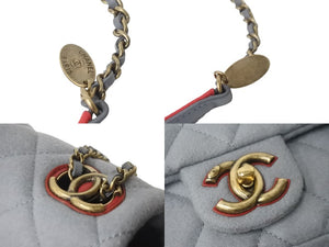 極美品 CHANEL シャネル ショルダーバッグ シングルフラップ マトラッセ Wチェーン グレー レッド ウール ゴールド金具 中古 54886