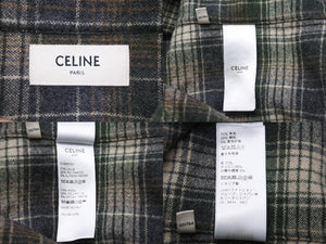 極美品 CELINE セリーヌ 長袖チェックシャツ 2C596720N トリオンフ ウール グリーン ネイビー ホワイト サイズ34 中古 55307