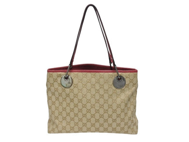 極美品 GUCCI グッチ トートバッグ ハンドバッグ 120837 GGキャンバス レザー ベージュ レッド ブラック 金属金具 中古 4b005548 