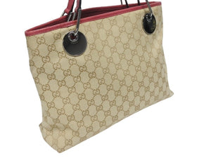 極美品 GUCCI グッチ トートバッグ ハンドバッグ 120837 GGキャンバス レザー ベージュ レッド ブラック 金属金具 中古 4b005548 