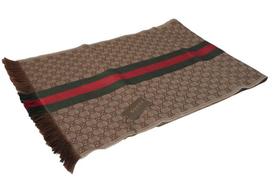 未使用 GUCCI グッチ マフラー ストール ショール GG総柄 シェリーライン フリンジ ブラウン ベージュ 中古 55527 
