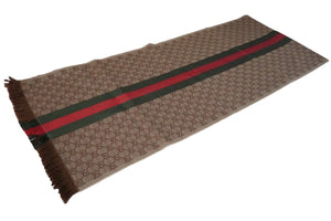 未使用 GUCCI グッチ マフラー ストール ショール GG総柄 シェリーライン フリンジ ブラウン ベージュ 中古 55527 