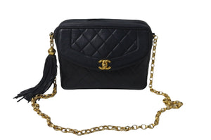 CHANEL シャネル ショルダーバッグ マトラッセ ビジュー チェーンショルダー 紺 フリンジ ラムスキン 美品 中古 55768