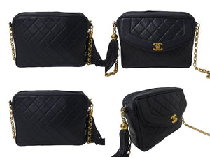 CHANEL シャネル ショルダーバッグ マトラッセ ビジュー チェーンショルダー 紺 フリンジ ラムスキン 美品 中古 55768