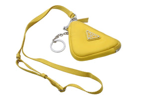 PRADA プラダ ポーチ トライアングルプレート Re ナイロン ネックストラップ付 イエロー 2TT140 シルバー金具 美品 中古 55940 