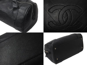CHANEL シャネル シェブロン ミニ ボストンバッグ ココマーク ロゴ ブラック 鞄 Vステッチ シルバー金具 美品 中古 55973