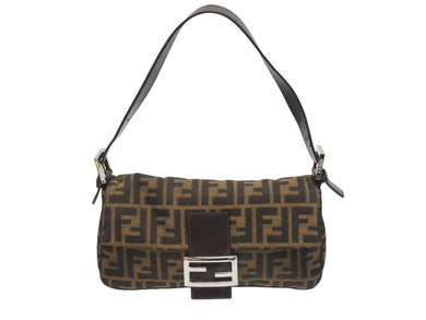 極美品 FENDI フェンディ マンマバケット ワンショルダーバッグ 26424 ズッカ柄 キャンバス レザー ブラウン シルバー金具 中古 4b005601