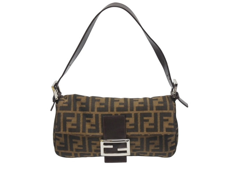 極美品 FENDI フェンディ マンマバケット ワンショルダーバッグ 26424 ズッカ柄 キャンバス レザー ブラウン シルバー金具 中古 4b005601