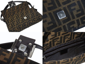 極美品 FENDI フェンディ マンマバケット ワンショルダーバッグ 26424 ズッカ柄 キャンバス レザー ブラウン シルバー金具 中古 4b005601