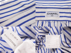 CHANEL シャネル 長袖シャツ ストライプ コインボタン ココマークホワイト ブルー コットン 美品 中古 56114