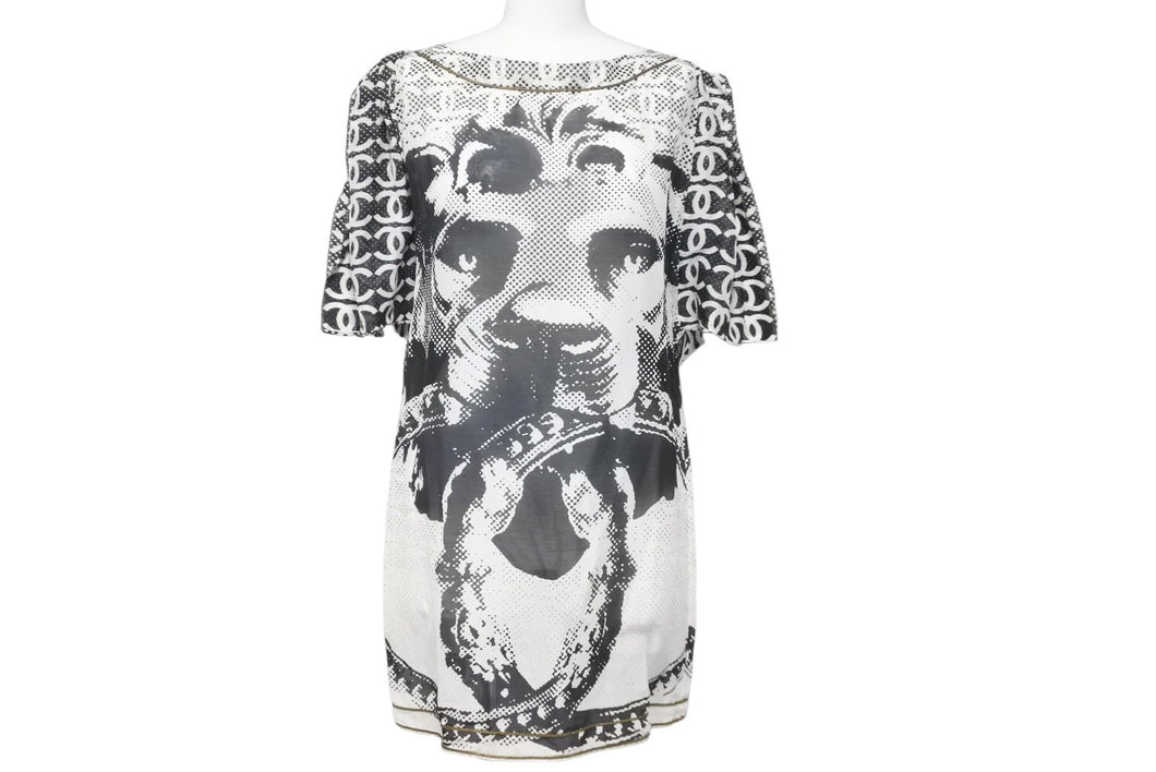 CHANEL シャネル 半袖Ｔシャツ チュニック ライオン ホワイト ブラック コットン シルク 36 P37343V27082 美品 中古 56183
