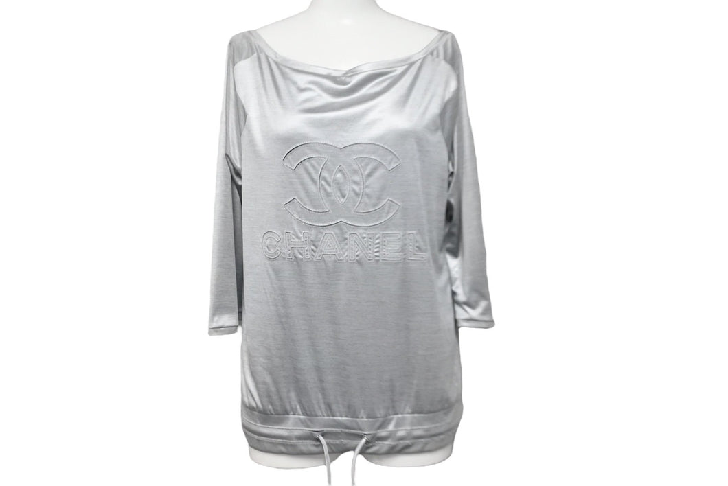 CHANEL シャネル 七分丈長袖Ｔシャツ ココマーク ドローコード P43485K04412 メタリックシルバー サイズ34 美品 中古 56184