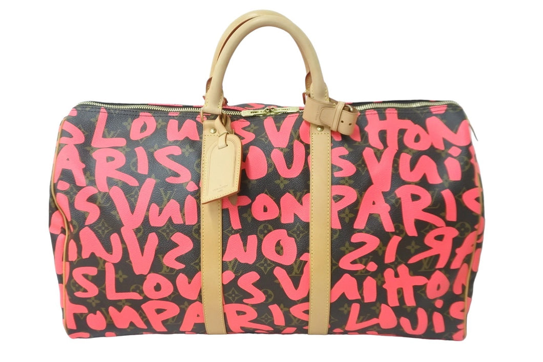 新品同様 LOUIS VUITTON ルイヴィトン モノグラム グラフティ キーポル50 ボストンバッグ ピンク スプラウス M93698 中古 56380
