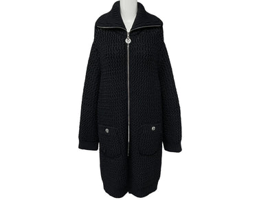 極美品 CHANEL シャネル ニットコート ブラック ロングカーディガン ココマーク シルバー金具 P72977K10486 38/40 中古 56416