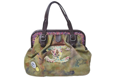CHANEL シャネル エンブロイダリー ボーリング がま口ハンドバッグ カーキ ボルドー マルチカラー 21番台 美品 中古 56498