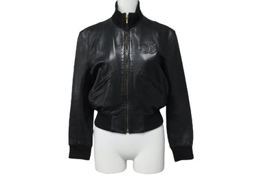 CHANEL シャネル ココマーク レザー ジャケット ブラック ロゴ アウター シルク ヴィンテージ サイズ36 良品 中古 56554