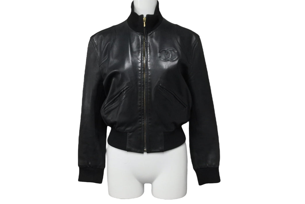 CHANEL シャネル ココマーク レザー ジャケット ブラック ロゴ アウター シルク ヴィンテージ サイズ36 良品 中古 56554
