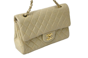 CHANEL シャネル チェーンショルダーバッグ ココマーク ダブルフラップ マトラッセ ラムスキン ベージュ ゴールド 良品 中古 56580