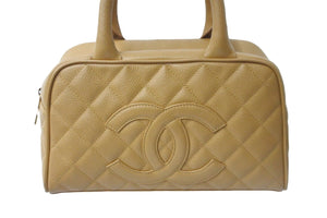 CHANEL シャネル マトラッセ キャビアスキン ココマーク ミニボストン バッグ ロゴ ベージュ 美品 中古 56684