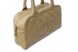 CHANEL シャネル マトラッセ キャビアスキン ココマーク ミニボストン バッグ ロゴ ベージュ 美品 中古 56684
