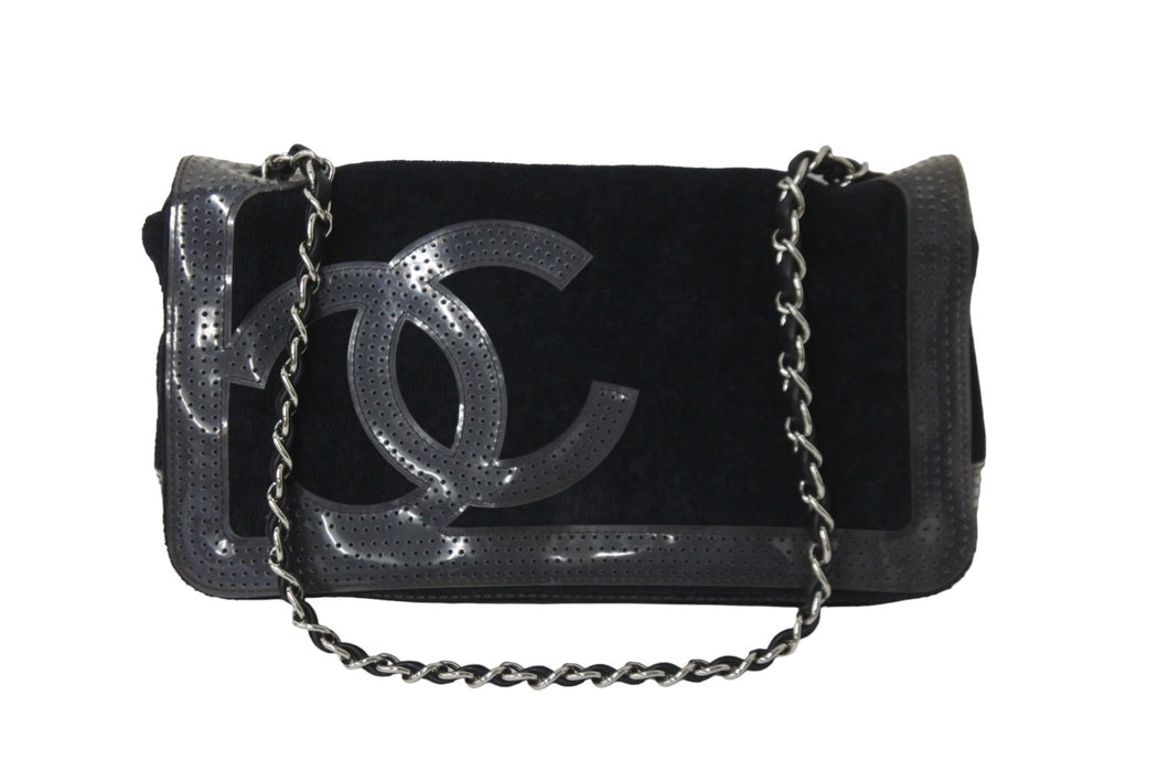 CHANEL シャネル チェーンショルダーバッグ ココマーク 12番台 2008年 パイル ラバー ブラック クリア シルバー 美品 中古 56727