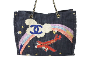 CHANEL シャネル トートバッグ チェーン 夜間飛行 10番台 マルチカラー デニム A31932 ゴールド金具 美品 中古 56742