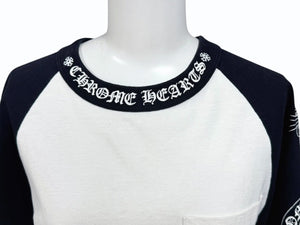 CHROME HEARTS クロムハーツ ラグラン 七分袖Tシャツ サイズS ホワイト ブラック ネックロゴ オールドクロス ホースシュー 美品 中古 4b005689