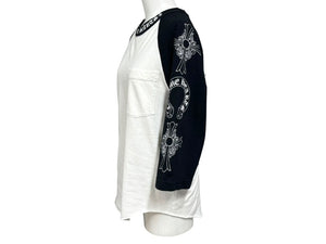 CHROME HEARTS クロムハーツ ラグラン 七分袖Tシャツ サイズS ホワイト ブラック ネックロゴ オールドクロス ホースシュー 美品 中古 4b005689