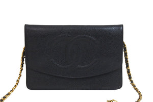 CHANEL シャネル ココマーク チェーンウォレット 4番台 長財布 キャビアスキン ブラック ゴールド金具 美品 中古 57114