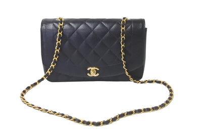 CHANEL シャネル チェーンショルダーバッグ ダイアナ 25 マトラッセ キャビアスキン 3番台 1995年 ブラック ゴールド 美品 中古 57184