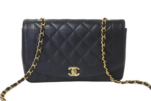 CHANEL シャネル チェーンショルダーバッグ ダイアナ 25 マトラッセ キャビアスキン 3番台 1995年 ブラック ゴールド 美品 中古 57184