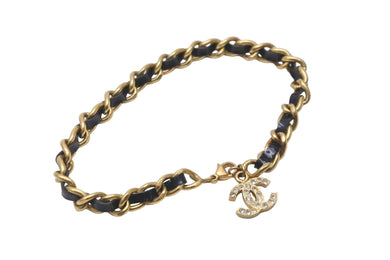 CHANEL シャネル ブレスレット 95P ココマーク ラインストーン レザー ブラック ゴールド金具 美品 中古 57344