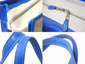 BALENCIAGA バレンシアガ バザールショッパーM レザー トートバッグ ブルー ホワイト 443097 鞄 ロゴ 良品 中古 57393