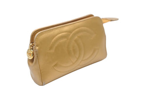CHANEL シャネル ミニポーチ コスメポーチ ココマーク A01436X01079 キャビアスキン マスタード ゴールド金具 良品 中古 57438