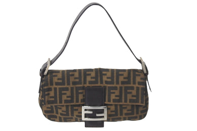 FENDI フェンディ ズッカ柄 マンマバケット ワンショルダーバッグ ブラウン コットンキャンバス レザー 美品 中古 57474 