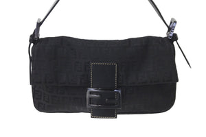 FENDI フェンディ ズッカ柄 マンマバケット ワンショルダーバッグ ブラックロゴ コットンキャンバス レザー 美品 中古 57477 