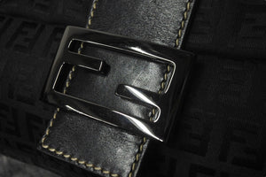 FENDI フェンディ ズッカ柄 マンマバケット ワンショルダーバッグ ブラックロゴ コットンキャンバス レザー 美品 中古 57477 