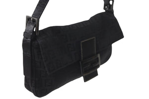 FENDI フェンディ ズッカ柄 マンマバケット ワンショルダーバッグ ブラックロゴ コットンキャンバス レザー 美品 中古 57477 