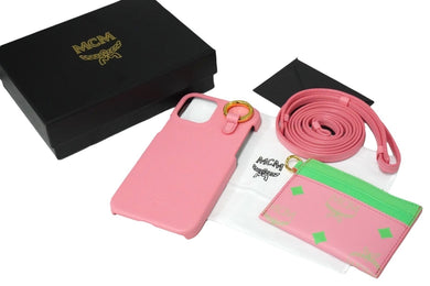 新品未使用品 MCM エムシーエム スマホケース カードケース付き iPhone12 MXECSSX01 ピンク レザー ゴールド金具 中古 57762
