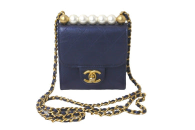 CHANEL シャネル チェーンショルダー ミニマトラッセ 29番台 ラムスキン フェイクパール ネイビー ゴールド金具 美品 中古 57796