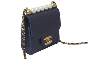 CHANEL シャネル チェーンショルダー ミニマトラッセ 29番台 ラムスキン フェイクパール ネイビー ゴールド金具 美品 中古 57796