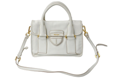 PRADA プラダ 2WAYハンドバッグ ショルダーストラップ付き 三角ロゴプレート カーフ ホワイト 美品 中古 57983