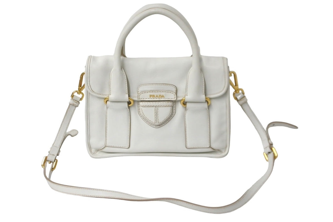 PRADA プラダ 2WAYハンドバッグ ショルダーストラップ付き 三角ロゴプレート カーフ ホワイト 美品 中古 57983