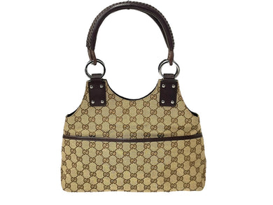 GUCCI グッチ トートバッグ ハンドバッグ GGキャンバス レザー ベージュ ブラウン 131329 シルバー金具 美品 中古 58040 