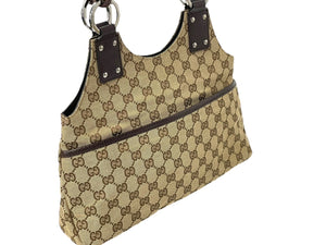 GUCCI グッチ トートバッグ ハンドバッグ GGキャンバス レザー ベージュ ブラウン 131329 シルバー金具 美品 中古 58040 