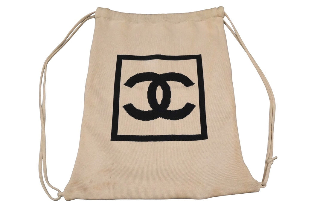 CHANEL シャネル スポーツライン ココマーク ナップサック 8番台 ベージュ ブラック コットン 美品 中古 58057