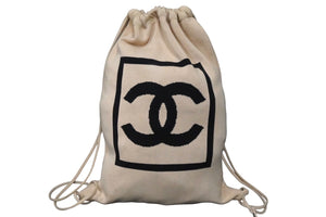 CHANEL シャネル スポーツライン ココマーク ナップサック 8番台 ベージュ ブラック コットン 美品 中古 58057